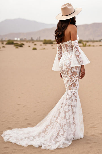 Off The Shoulder Mermaid Lace White Wedding Dress